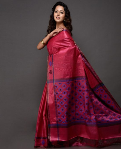 Kosa Sarees-Pink Kosa Silk Saree geometriai mintákkal 3