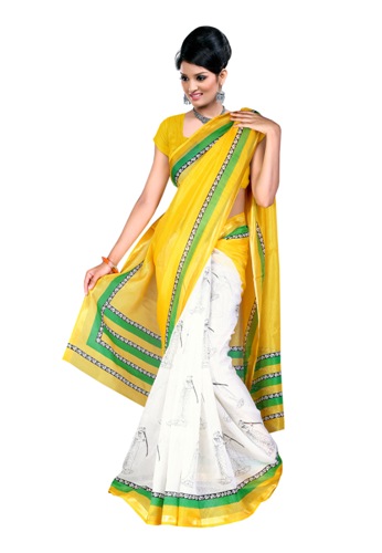 Kosa Sarees-sárga és fehér nyomtatott Kosa Silk Saree 06