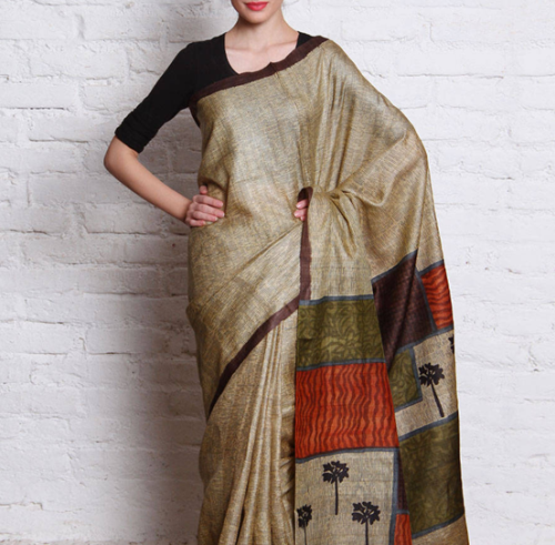 Kosa Sarees-Beige Og Brun Kosa Silke Håndvævet Saree
