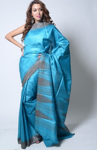 Kosa Sarees-blå og grå tempeldesign Kosa Silk Saree 07