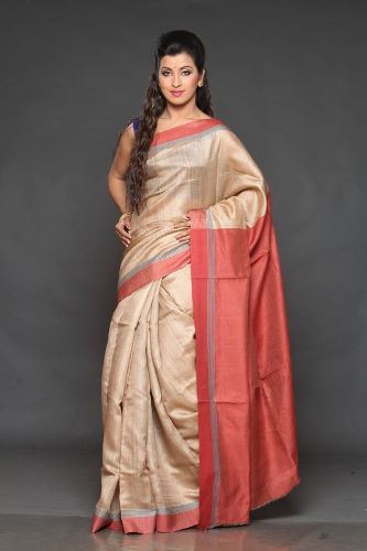 Kosa Sarees-Cream og Tomatfarvet Kosa Silk Saree
