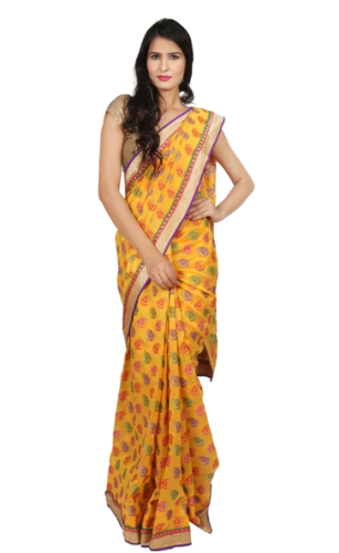 Kosa Sarees-Yellow Kosa Silk Saree motívummal és szegéllyel 2