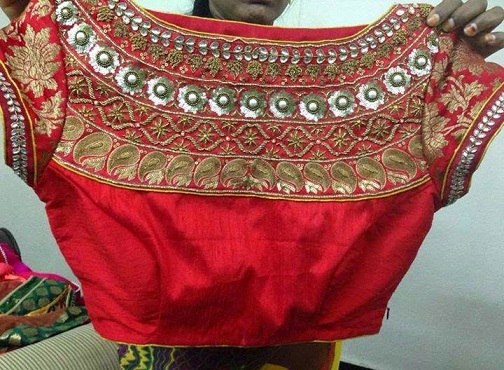 Boat Neck Maggam Work on Blouse -7