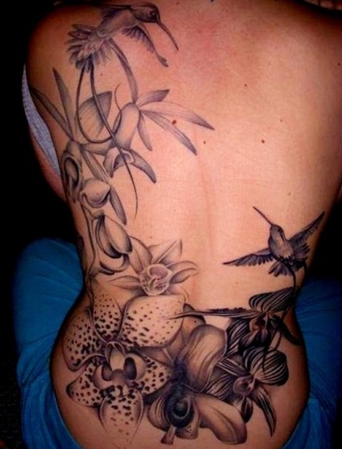 Virág és kolibri orchidea tetoválás tervezés