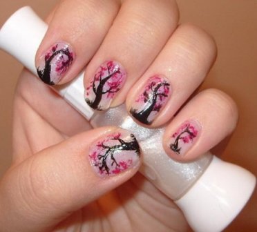 Cherry Blossom Tree Effect Nail Art