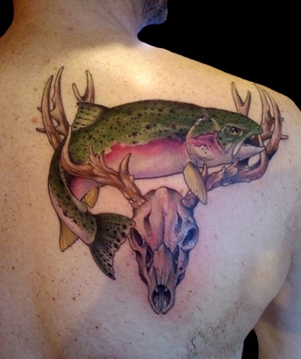 Fish And Skull Deer Tattoo Design