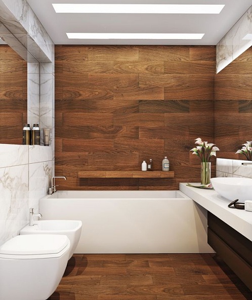 Fa és fehér luxus fürdőszobák