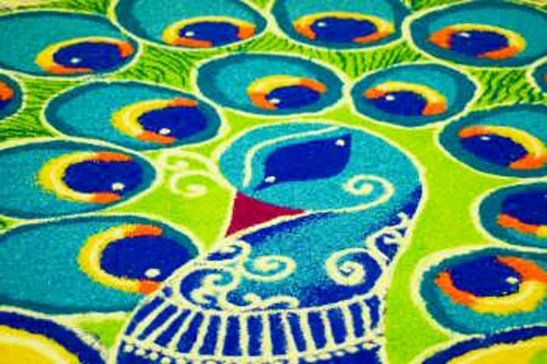 Påfugl Rangoli med ris