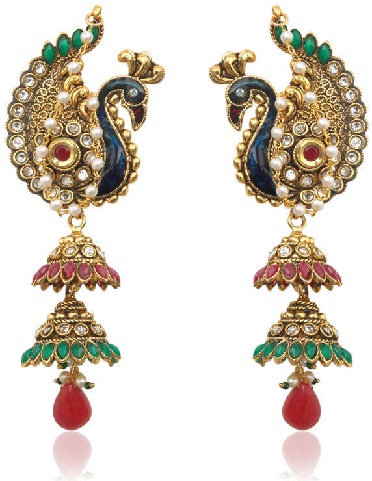 Traditionel indisk stil Peacock Rold Gold Jhumka