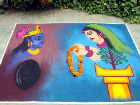 Tulsi og Lord Krishna Rangoli