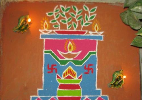 Tulsi Rangoli levelekkel