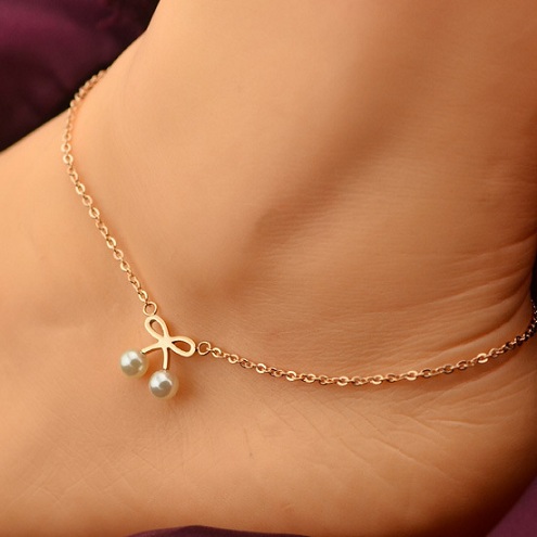 Sød Pearl Bow knude Anklet i Rose Gold