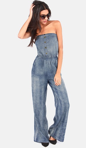 Denimblå stropløs jumpsuit