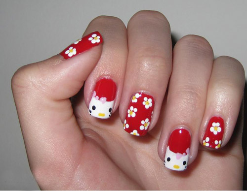 Rød med blomster Hello Kitty Nail Art