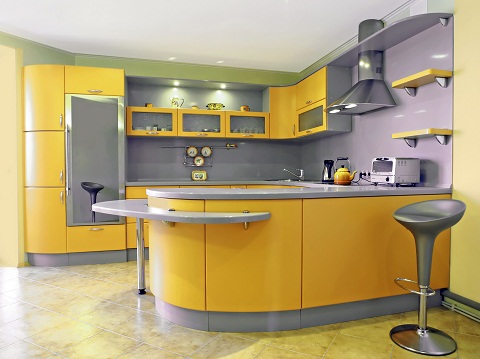 Sárga és szürke 3D konyhai tervezés