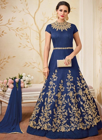 Marineblå lang Anarkali kjole i frock mønster