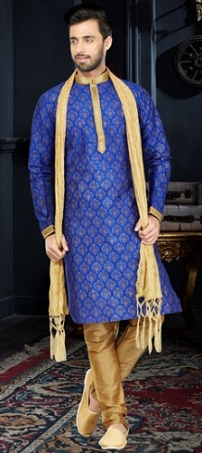 Royal Blue Dupion Silk Kurta til Diwali