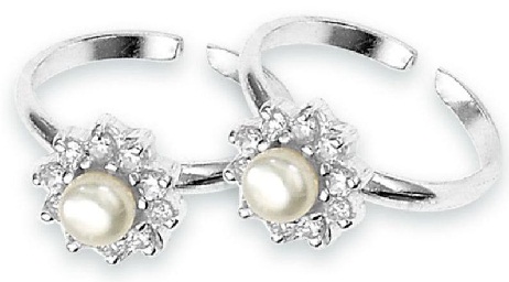 Sølv tå ringe med diamanter og perle