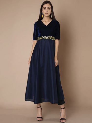 Navy Blue A Line Velvet Kurti