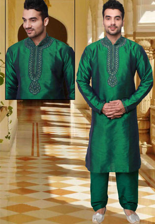 Sötétzöld Brocade Kurta férfiaknak