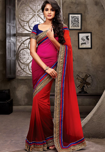 Pothys Sarees-Pothys Pink Georgette tervező Saree többszínű szegély 4