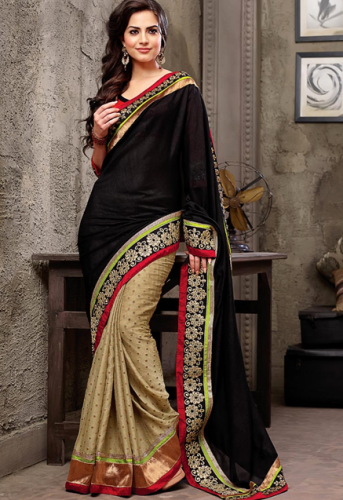 Pothys Sarees-Pothys fekete és krémszínű Georgette tervező Saree 6