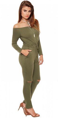 Off Shoulder Green Jumpsuits