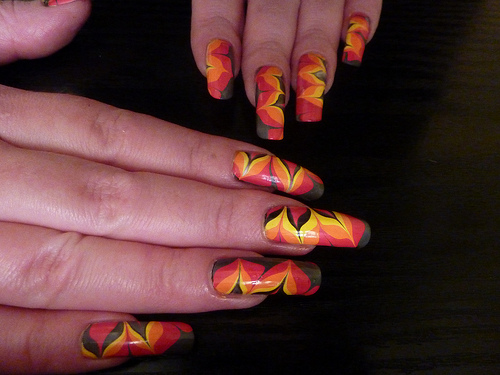 Fire Flower Water Marble Nail Art