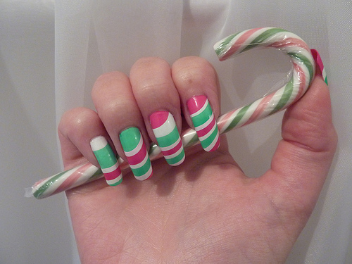 Christmas Candy Cane Water Marble Nail Art