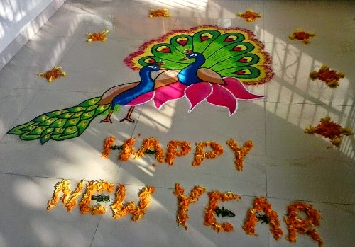 Påfugl Godt nytår Rangoli Design