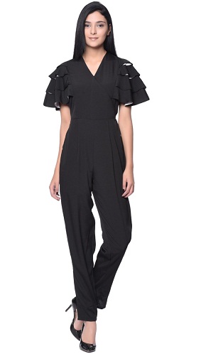 Almindelig sort chiffon fjer ærmer kontor jumpsuit