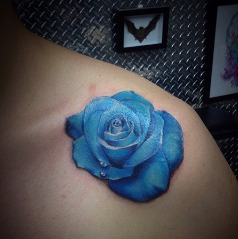 Blue Rose Collar Bone Tattoo