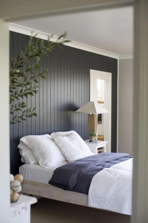 Aksenttiseinä moderni seinän suunnittelu puuseinä maalattu tummanharmaaksi erittäin houkutteleva makuuhuone