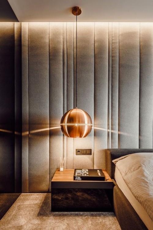 Korostusseinä moderni seinäsuunnittelu ruskean eri sävyjen visuaalisen harmonian lamppu seinäsänky huonekalumatto
