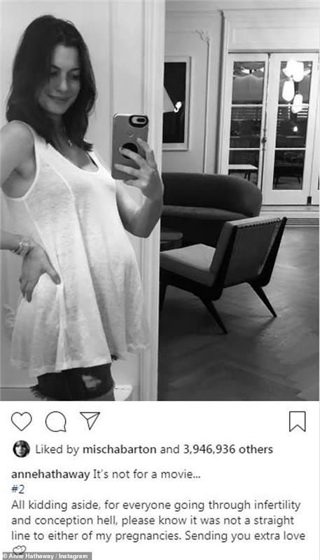 Toista kertaa raskaana oleva Anne Hathaway kannustaa muita naisia ​​Instagramin kautta