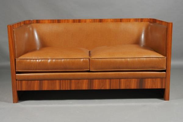 Art deco -tyylinen nahkasohva ruskea