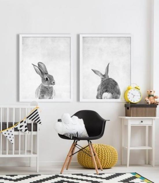 Vauvan huoneen sisustusideoita seinämaalauksia kaneja nojatuolin jakkara valkoinen harmaa musta