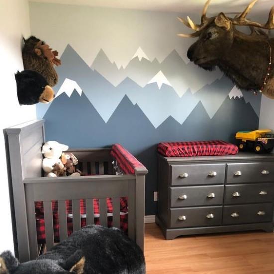 Vauvan huoneen sisustusideoita Sininen ja harmaa seinätaustakuva täydellisiä taustaeläimiä koristeena