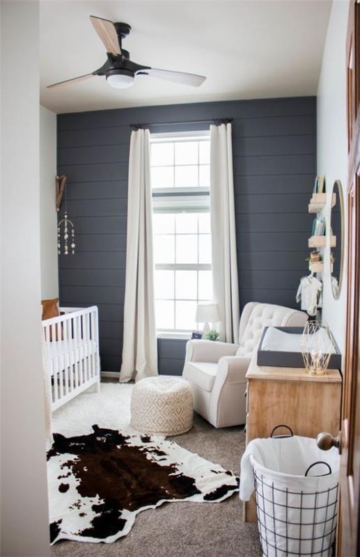 Vauvan huoneen sisustusideoita valkoiset huonekalut tummansiniset seinät turkis lattiakorissa