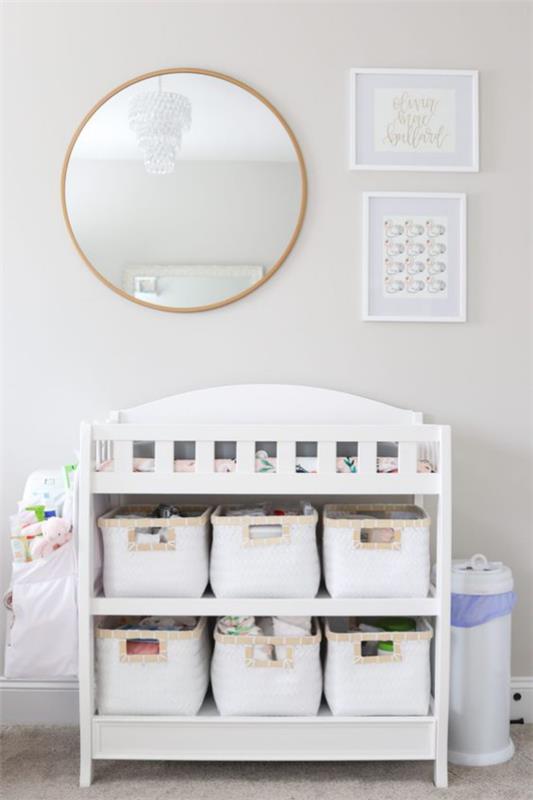Aseta vauvan huoneen suunnittelu muuttuva pöytä seinäpeili vaippa ämpäri kaksi kuvaa kokonaan valkoinen