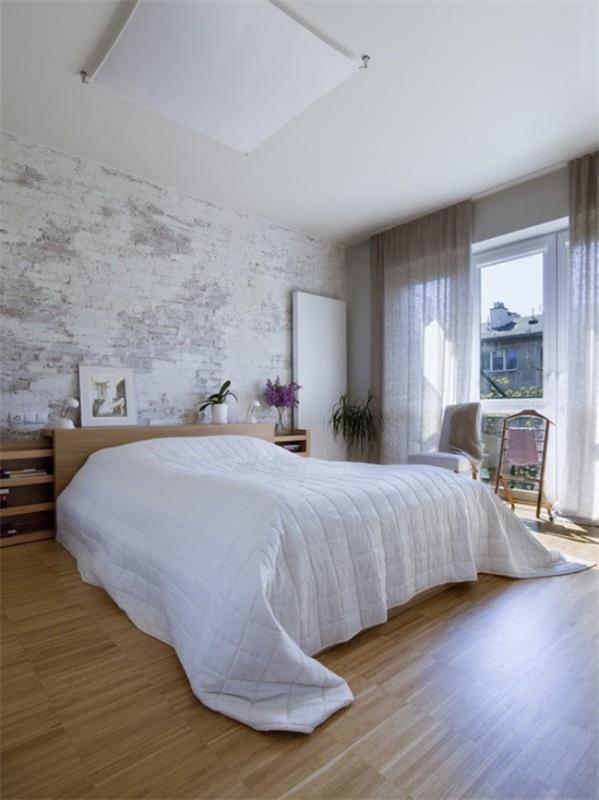 Tiiliseinä makuuhuoneessa moderni muotoilu valkoinen harmaa puu