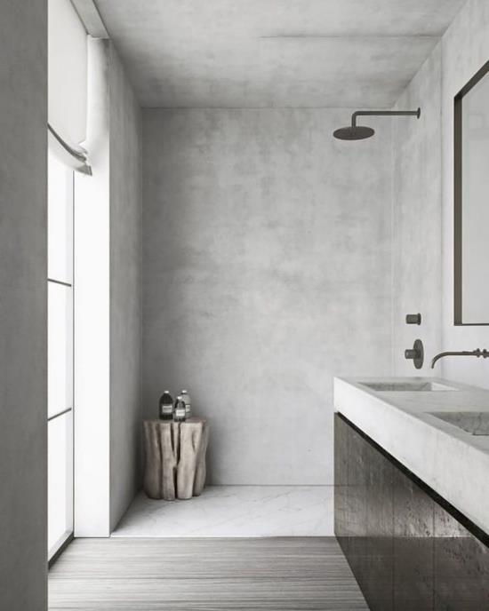 Kylpyhuoneen mallit harmaalla teollisella tyylillä betonilattia suihku kulma puunrunko kylpyhuoneen kosmetiikkaa varten