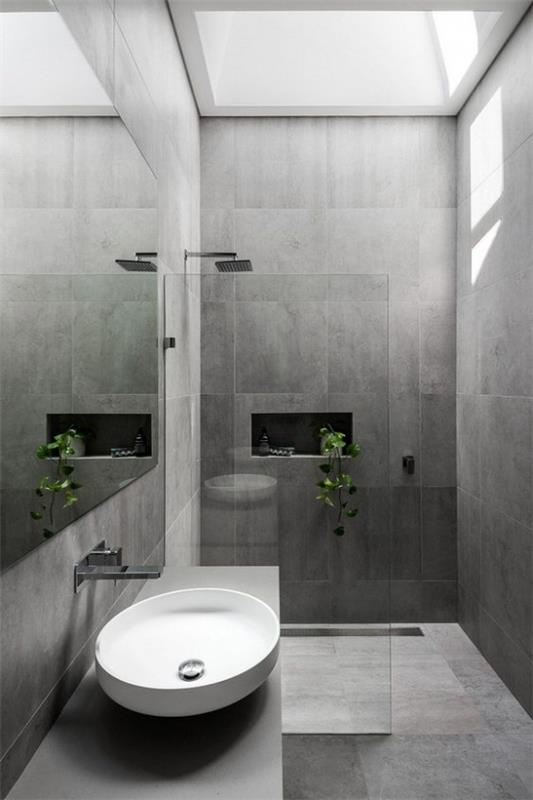 Kylpyhuoneen mallit harmaa, suuret laatat, valkoinen pyöreä pesuallas, suihkukaappi, lasiseinä, päivänvalo ylhäältä, vihreä kylpyhuonekasvi