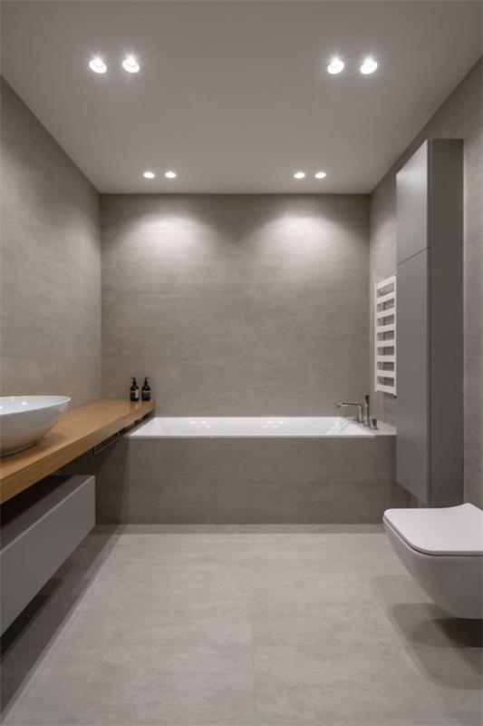 Kylpyhuoneen mallit harmaassa modernissa kylpyhuoneen harmaassa hallitsevat valkoista wc-avaimen sisäänrakennettua valoa