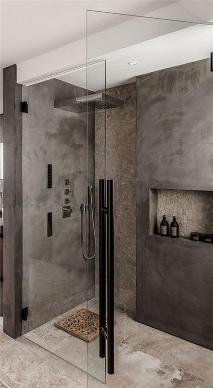 Kylpyhuoneen mallit harmaassa modernissa kylpyhuoneessa lämmin harmaa suihku kulman lasiseinä sadesuihku