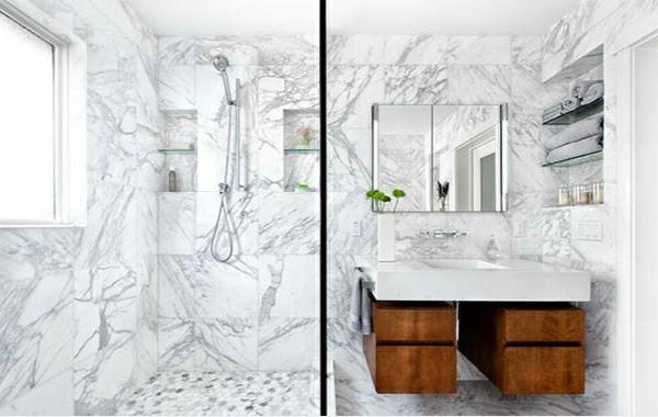 Kylpyhuoneen hyllyt lasia, tehokas seinärakenne