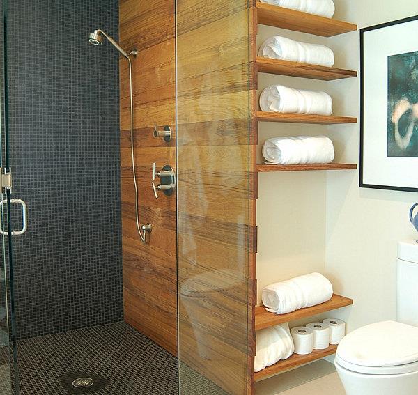 Kylpyhuone-hyllyt-seinäkoriste-puu-lasi-väliseinä-suihkukaappi