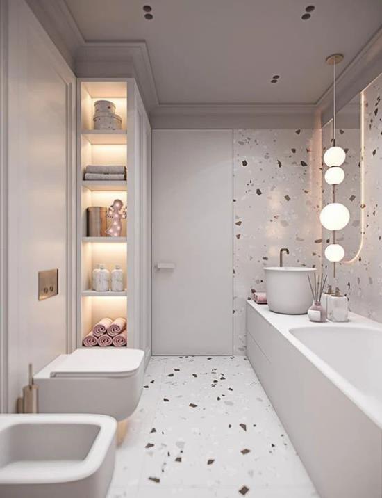 Kylpyhuoneen trendit 2021 Terrazzo -lattia -aksenttiseinät tuovat valkoiseen kylpyhuoneeseen enemmän väriä ja ilmeen