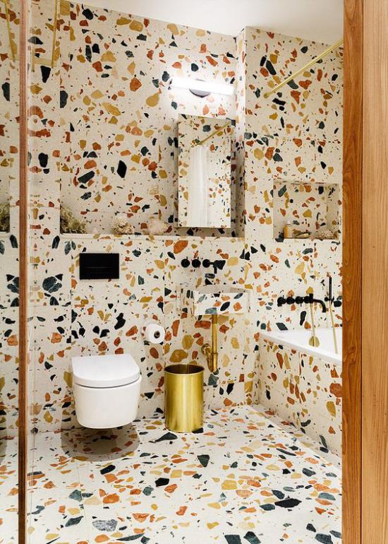 Kylpyhuoneen trendit 2021 moderni kylpyhuone wc terrazzo hauska värikäs kaunis moderni