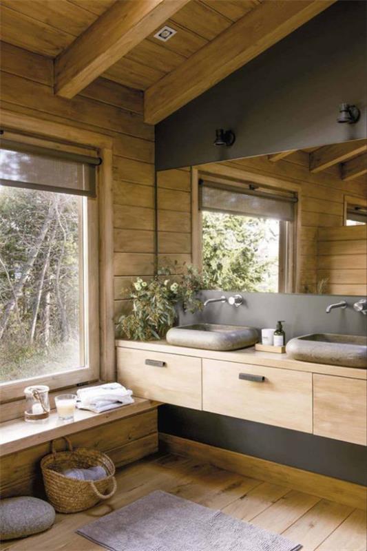 Kylpyhuoneen trendit 2021 paljon aitoa puukoria leveä ikkuna iso peili kylpyläkokemus taattu